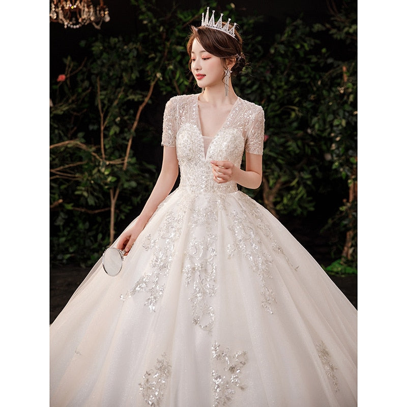 Luxury Handmade Custom Made Wedding Dress With Sweep Train Sexy V Neck Bridal Ball Gown Lace Beading Short Sleeve Dress