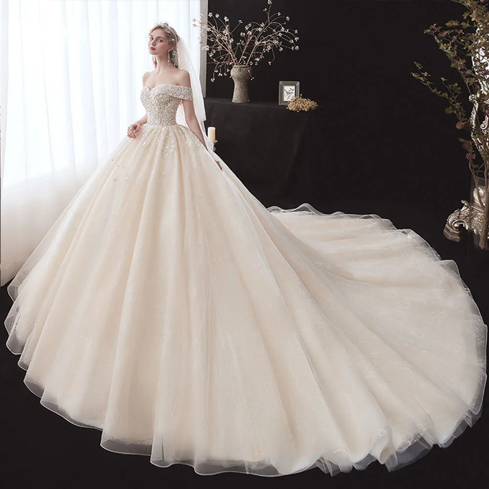 Flowers Beading Sequins Lace Short Sleeve Wedding Gowns