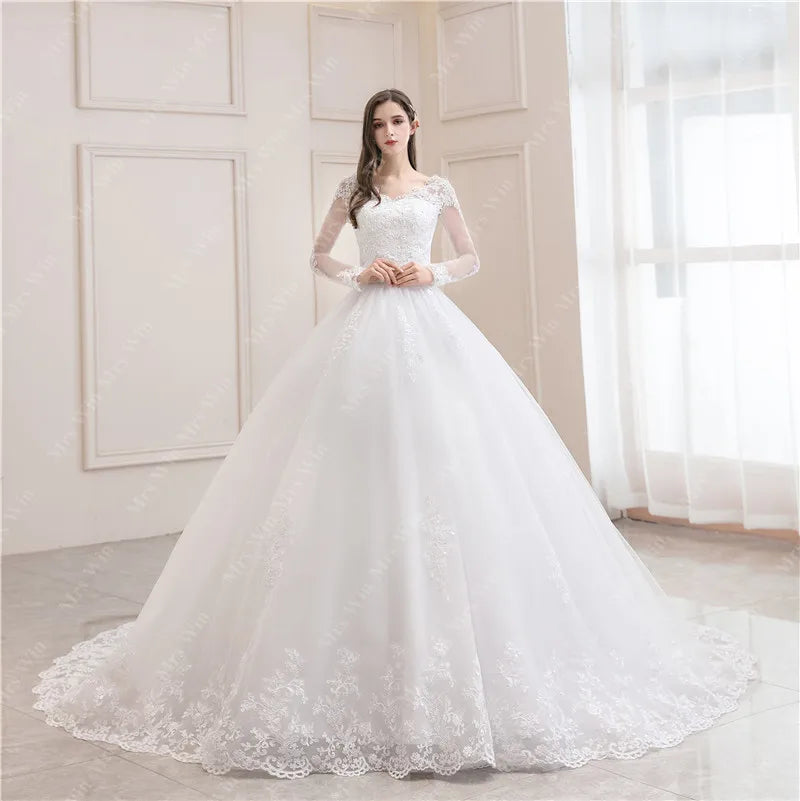 Full Sleeve Sexy V-neck Bride Floor Dress