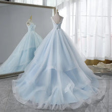 Load image into Gallery viewer, Sky Blue Inner With Double Lace Ruffle Deep V-neck Backless A-line Bridal Dress
