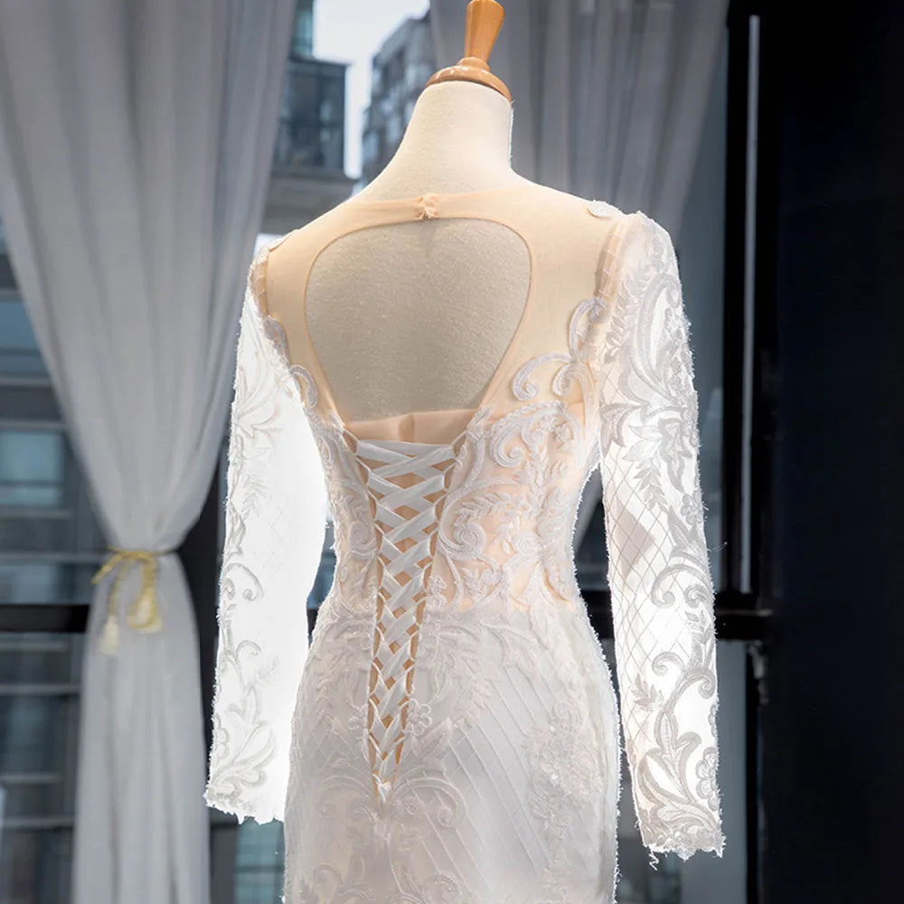 2 Pieces Appliques Lace Long Sleeve Wedding Mermaid Dress With Detachable Chapel Train