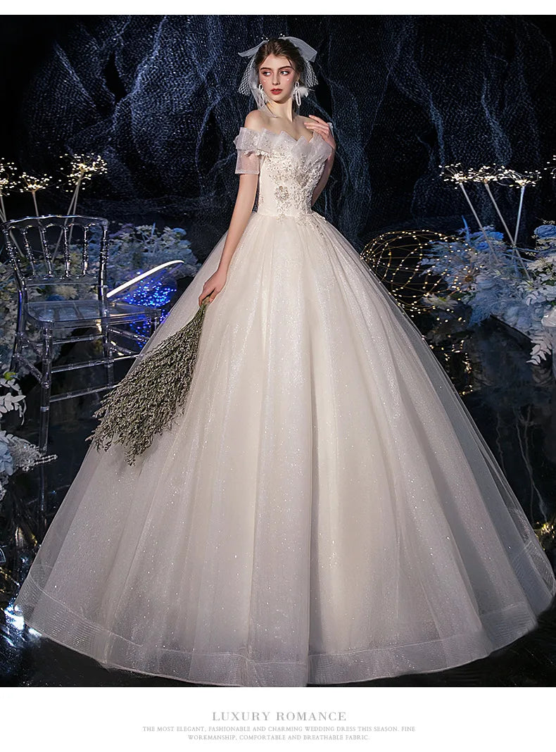 Lace Appliques Sweet Elegant Off Shoulder Sequined Bride Princess Gowns