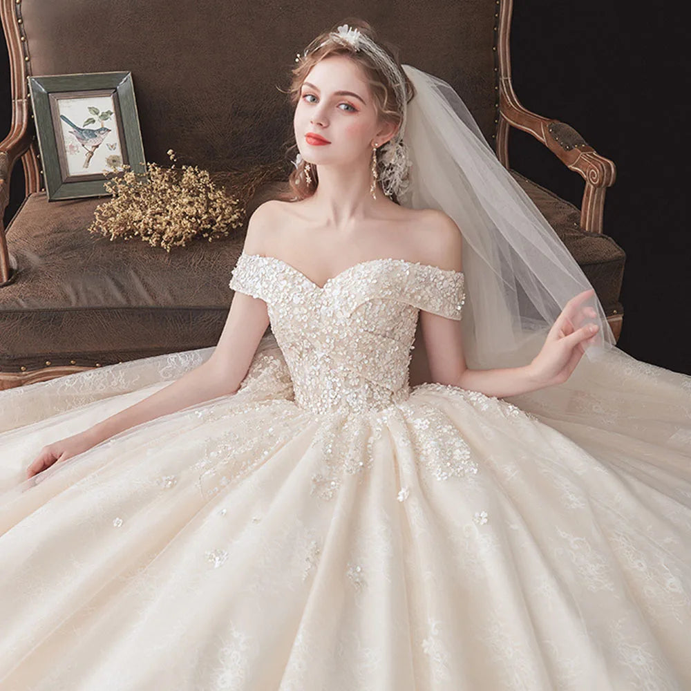 Flowers Beading Sequins Lace Short Sleeve Wedding Gowns