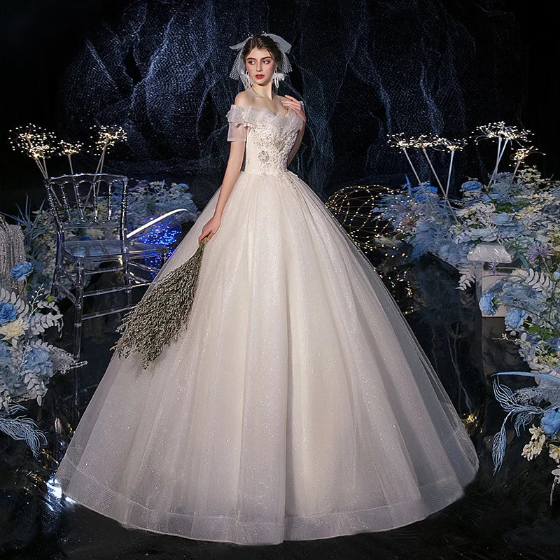 Lace Appliques Sweet Elegant Off Shoulder Sequined Bride Princess Gowns