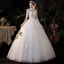 Load image into Gallery viewer, High Neck Wedding Dress Three Quarter Sleeve Lace Up Ball Gown

