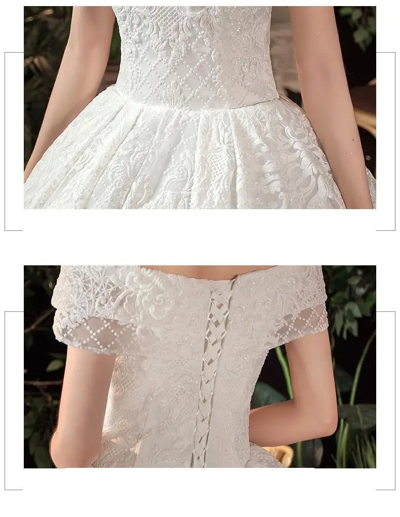 Glitter White Long Lace Sequin Royal Train Bride Gowns