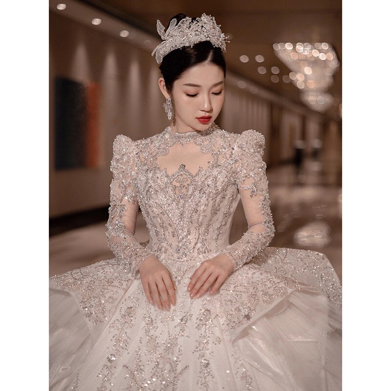 Long Train Wedding Dress Ball Gown Long Sleeve Winter Beading Wedding Gowns