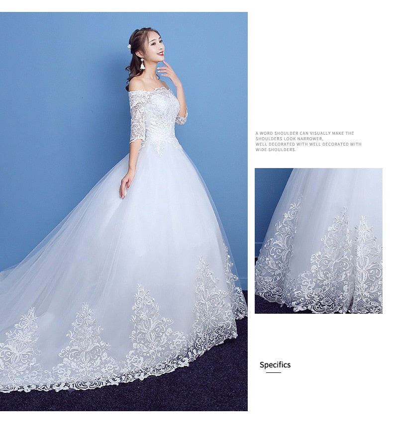Wedding Dress 2023 Luxury Lace Half Sleeve Boat Neck Wedding Gown With Train Lace Up Vestido De Noiva Plus Size