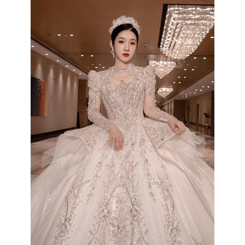 Long Train Wedding Dress Ball Gown Long Sleeve Winter Beading Wedding Gowns