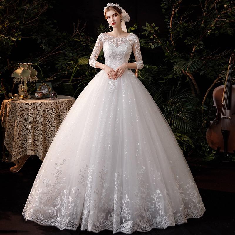Boat Neck With Train Three Quarter Sleeve Lace Up Bridal Ball Gown