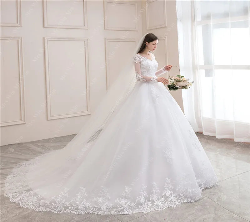 Full Sleeve Sexy V-neck Bride Floor Dress