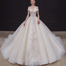 Load image into Gallery viewer, Luxury Handmade Boat Neck Wedding Dress With Train Lace Flower Bridal Dress Elegant Off The Shoulder Ball Gown Robe De Mariee
