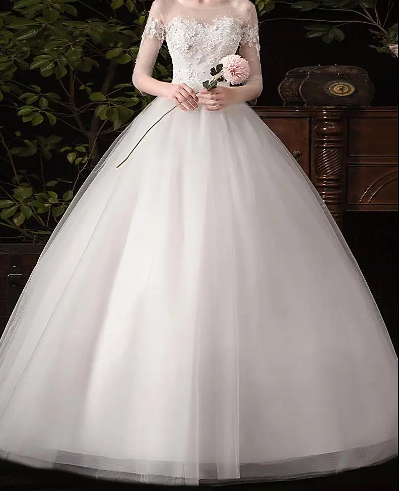Simple Large Long Sleeve Wedding Dress O-neck Tulle Bridal Dress