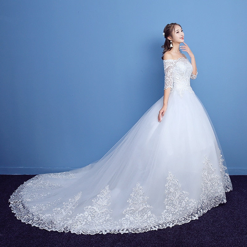 Wedding Dress 2023 Luxury Lace Half Sleeve Boat Neck Wedding Gown With Train Lace Up Vestido De Noiva Plus Size
