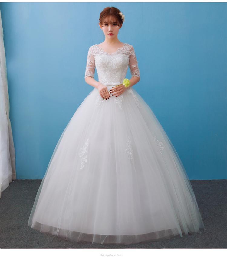 Lace Embroidery Half Sleeve Wedding Dresses Long Train Wedding Gown Belt V Neck Elegant