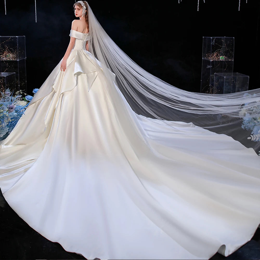 Off The Shoulder Short Sleeve Lace Back Back Best France Satin Wedding Dresses A-Line Simple