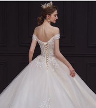Load image into Gallery viewer, Luxury Handmade Boat Neck Wedding Dress With Train Lace Flower Bridal Dress Elegant Off The Shoulder Ball Gown Robe De Mariee
