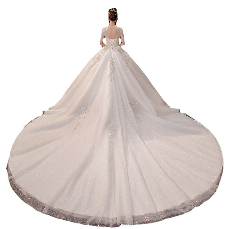 Luxury Handmade Custom Made Wedding Dress With Sweep Train Sexy V Neck Bridal Ball Gown Lace Beading Short Sleeve Dress