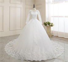 Load image into Gallery viewer, Lace Embroidery Half Sleeve Wedding Dresses Long Train Wedding Gown Belt V Neck Elegant
