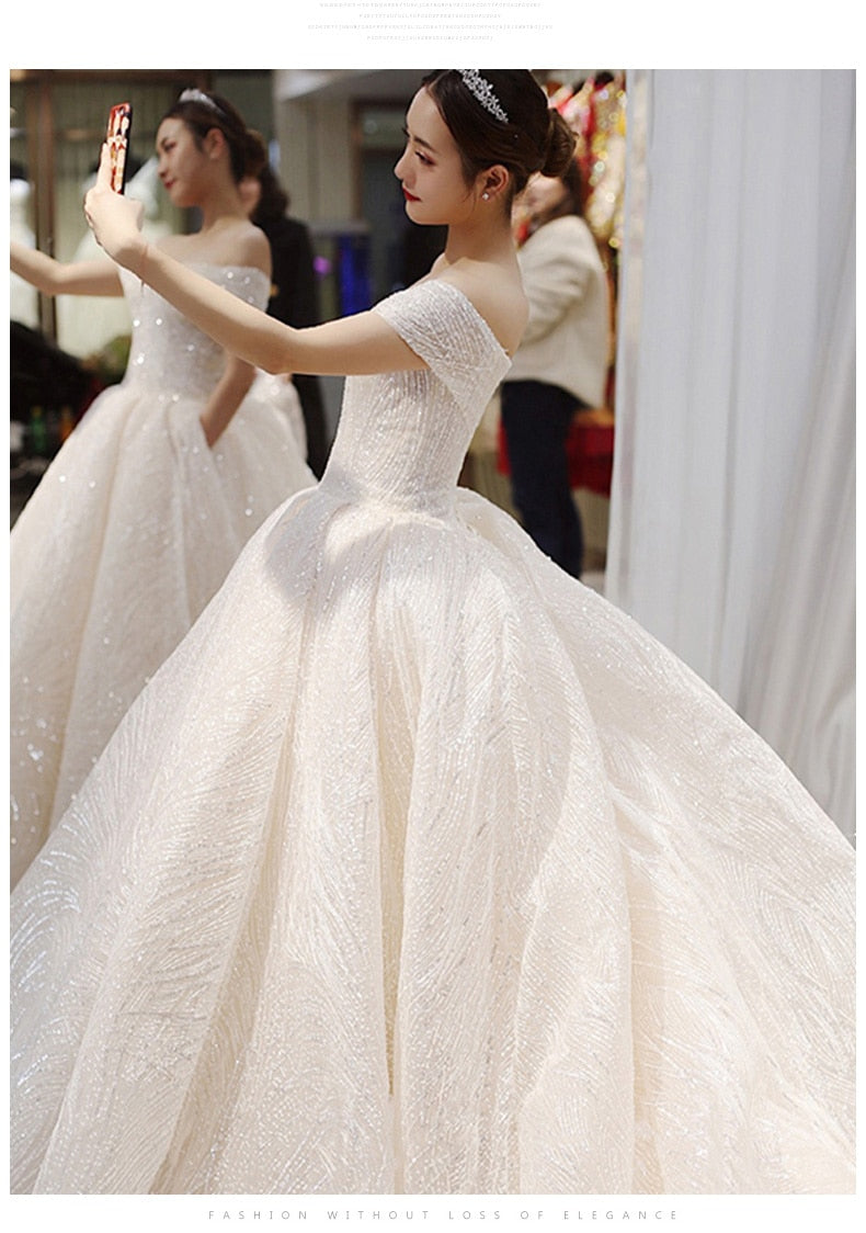 Off The Shoulder Wedding Dress Sweep Train Ball Gown Wedding Gown Vestido De Noiva Luxury Prinecess Bride Dress