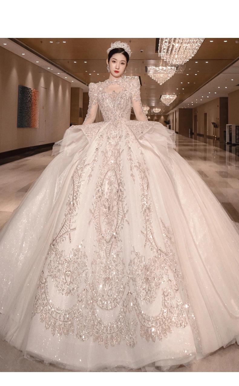 Long Train Wedding Dress Ball Gown Long Sleeve Winter Beading Wedding Gowns