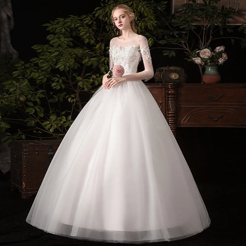 Simple Large Long Sleeve Wedding Dress O-neck Tulle Bridal Dress