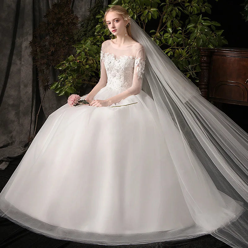 Simple Large Long Sleeve Wedding Dress O-neck Tulle Bridal Dress