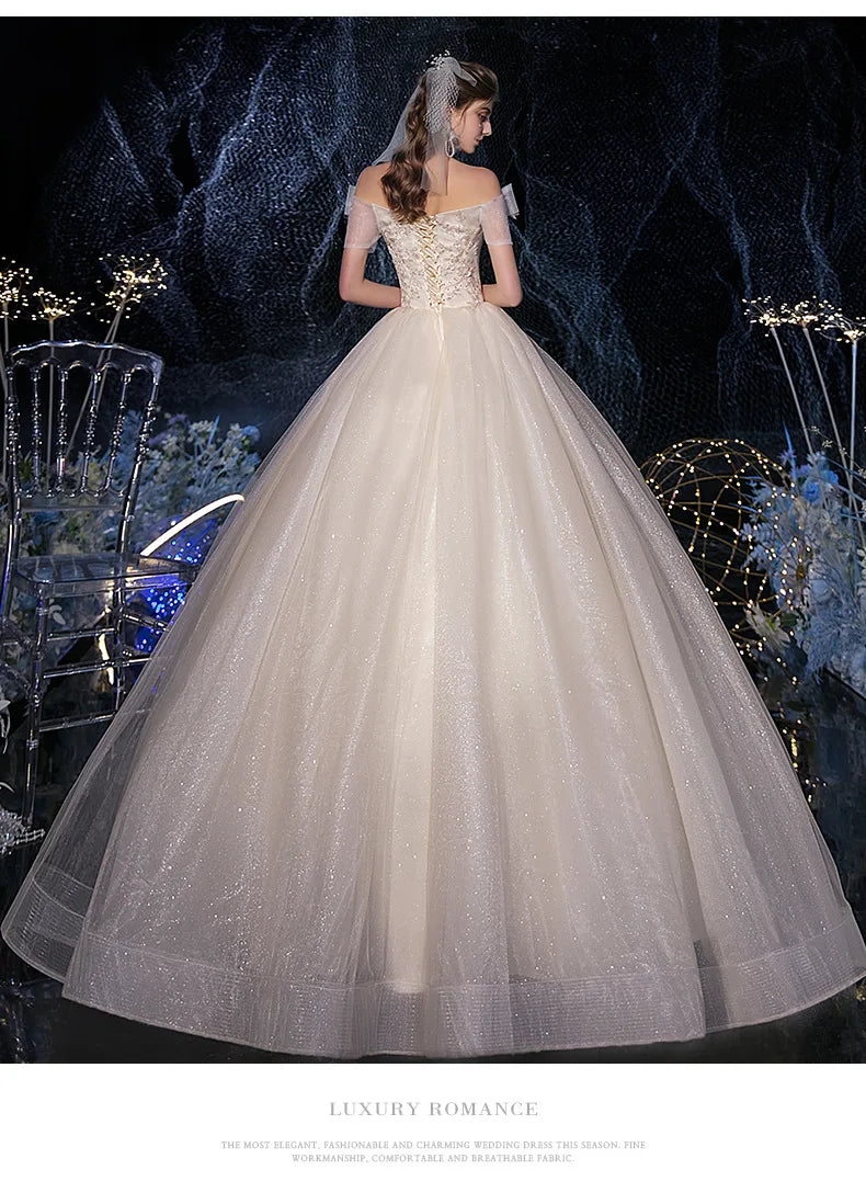 Lace Appliques Sweet Elegant Off Shoulder Sequined Bride Princess Gowns