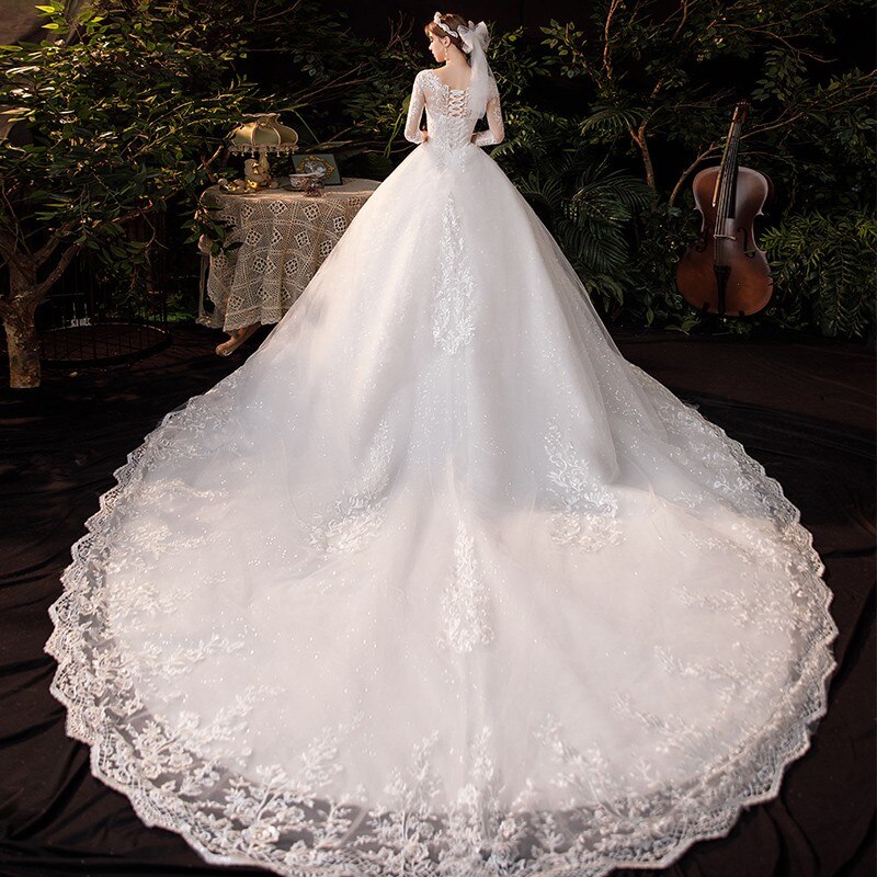 Boat Neck With Train Three Quarter Sleeve Lace Up Bridal Ball Gown