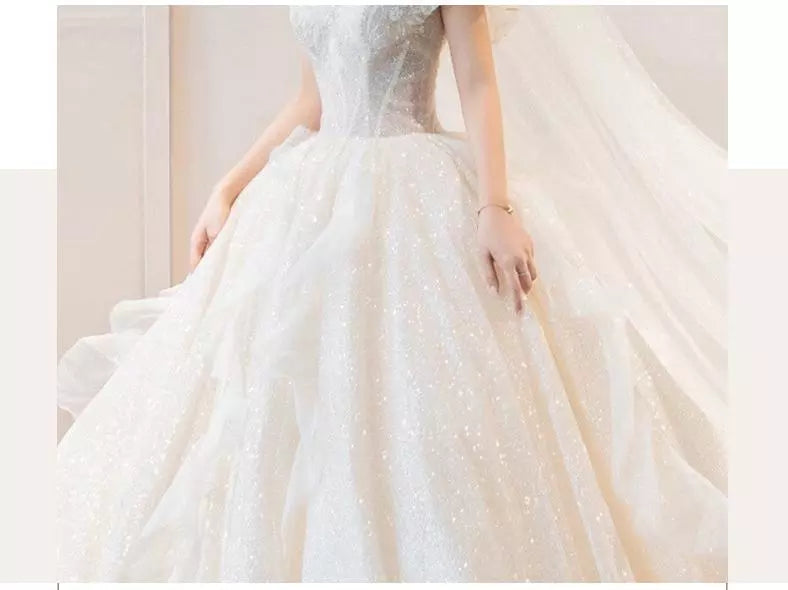 Boat Neck Wedding Dress Luxury Lace Embroidery Bridal Ball Gown Classic Off The Shoulder