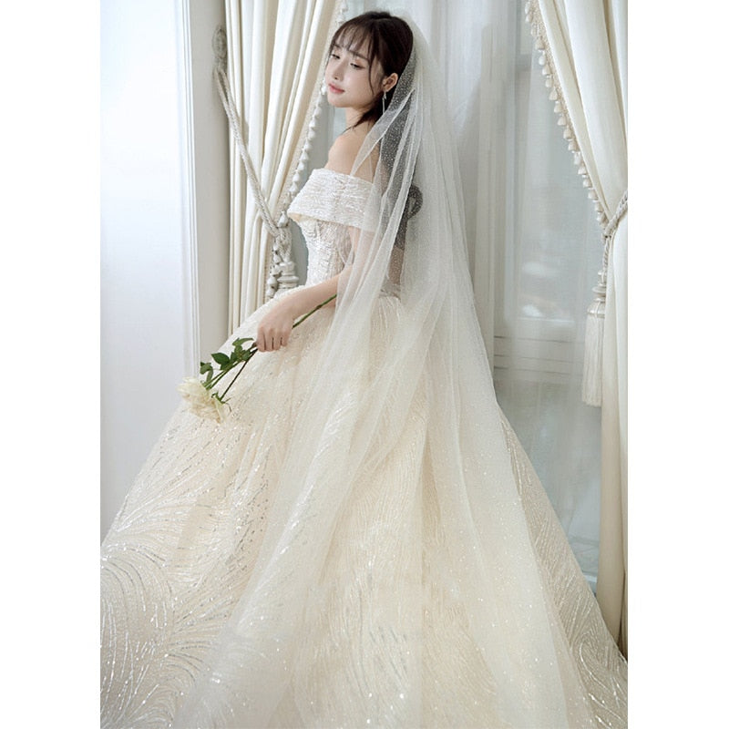 Shining Sequins Luxury Wedding Dress With Sweep Train Elegant Boat Neck Off The Shoulder Ball Gown