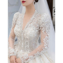 Load image into Gallery viewer, Long Sleeved Winter V Neck Luxury Long Sweep Train Beading Princes Wedding Gown
