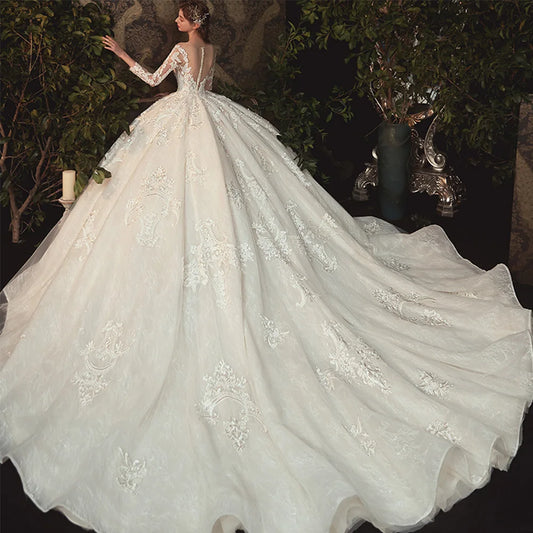 Beading Pearls Appliques Lace Illusion Princess Ball Gown Wedding Dress With Long Sleeve