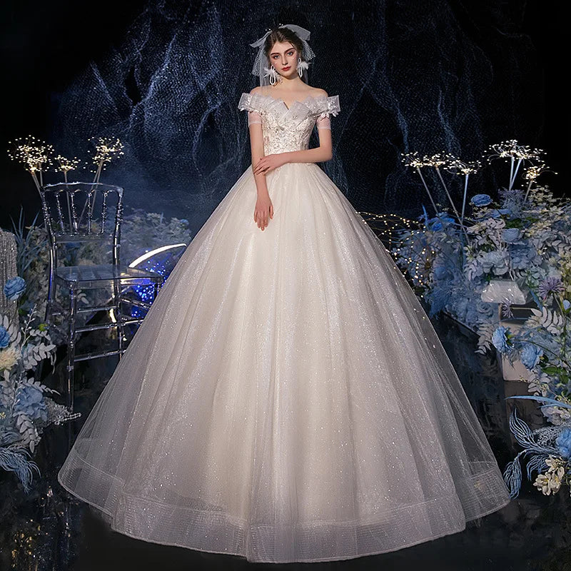 Lace Appliques Sweet Elegant Off Shoulder Sequined Bride Princess Gowns