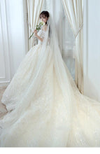 Load image into Gallery viewer, Shining Sequins Luxury Wedding Dress With Sweep Train Elegant Boat Neck Off The Shoulder Ball Gown
