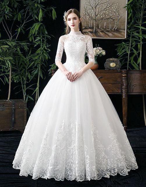 Lace Embroidery Wedding Dress With Big Train 2023 High Neck Half Sleeve Wedding Gown Vintage Bridal Gown
