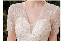 Load image into Gallery viewer, Luxury Handmade Custom Made Wedding Dress With Sweep Train Sexy V Neck Bridal Ball Gown Lace Beading Short Sleeve Dress
