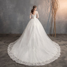Load image into Gallery viewer, Lace Embroidery Half Sleeve Wedding Dresses Long Train Wedding Gown Belt V Neck Elegant
