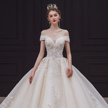 Load image into Gallery viewer, Luxury Handmade Boat Neck Wedding Dress With Train Lace Flower Bridal Dress Elegant Off The Shoulder Ball Gown Robe De Mariee

