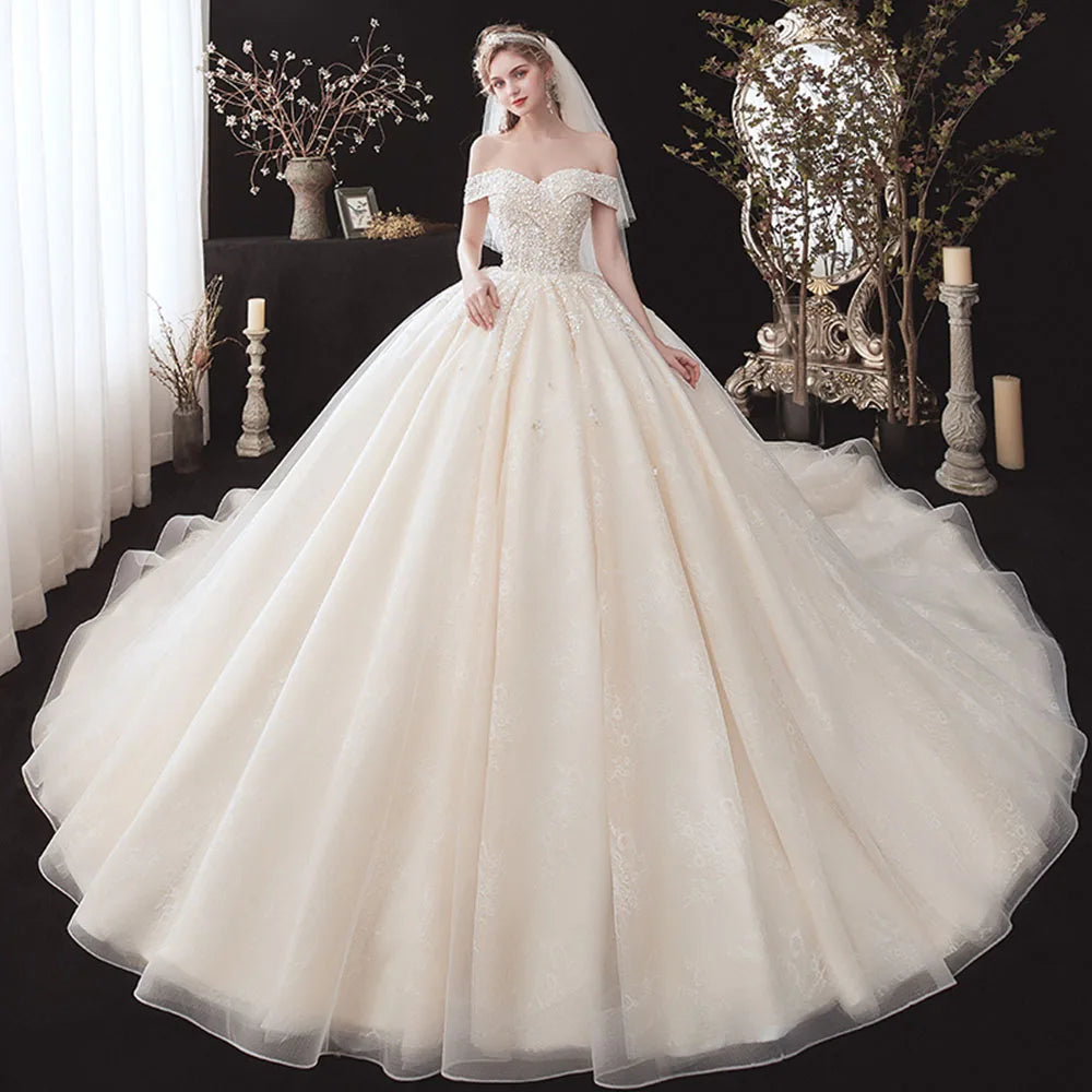 Flowers Beading Sequins Lace Short Sleeve Wedding Gowns
