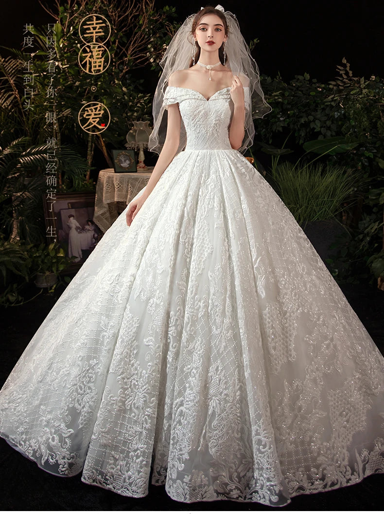 Glitter White Long Lace Sequin Royal Train Bride Gowns