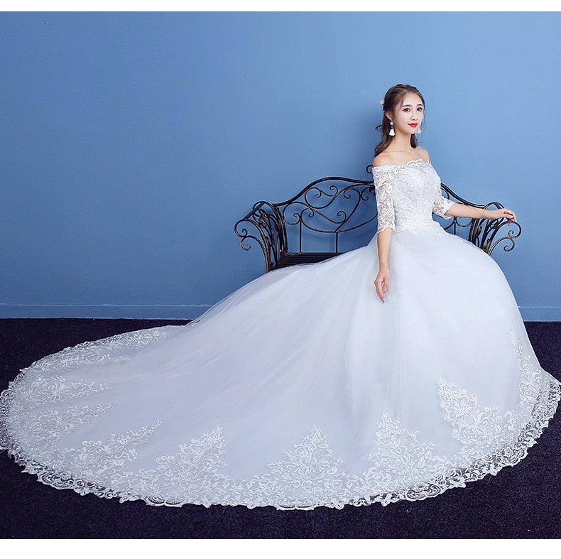 Wedding Dress 2023 Luxury Lace Half Sleeve Boat Neck Wedding Gown With Train Lace Up Vestido De Noiva Plus Size