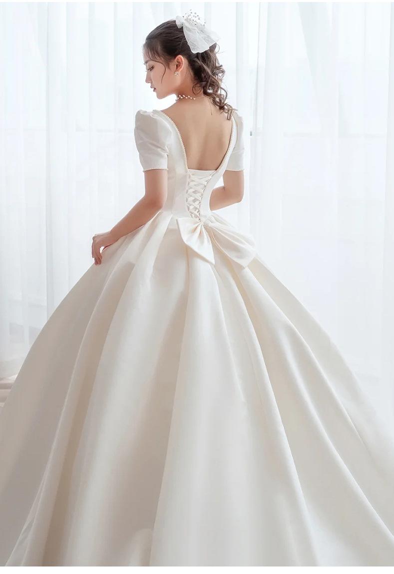 Luxury Satin Wedding Dress Pure White With Train Simple Bridal Ball Gown Custom Made
