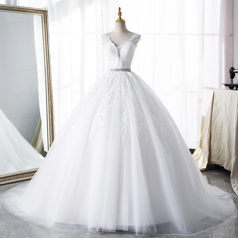 Champagne Wedding Dress With Trian Sexy V-neck Bridal Dress Backless Ball Gown