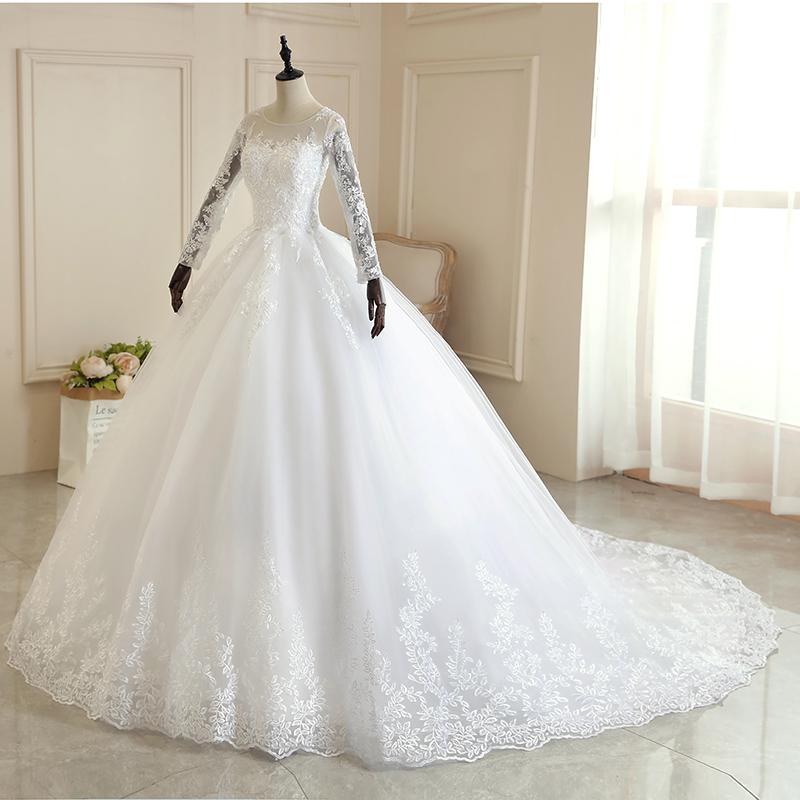 Pure White Full Sleeve Wedding Dress With Train Princess Luxury Wedding Dress