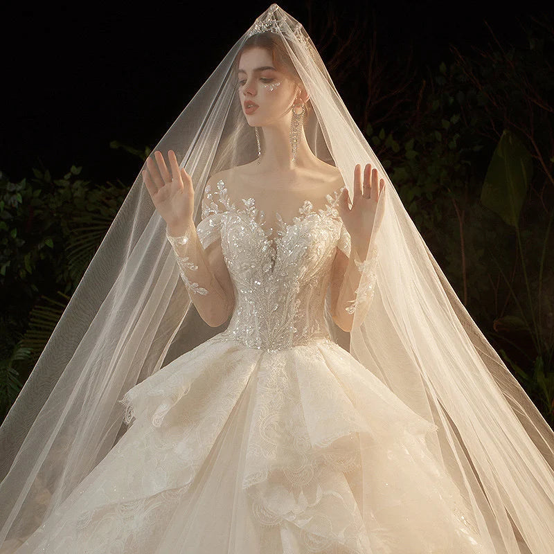 O-Neck Illusion Long Sleeve Brilliant Embroidery Lace Sequins Beading Bridal Gowns With Train