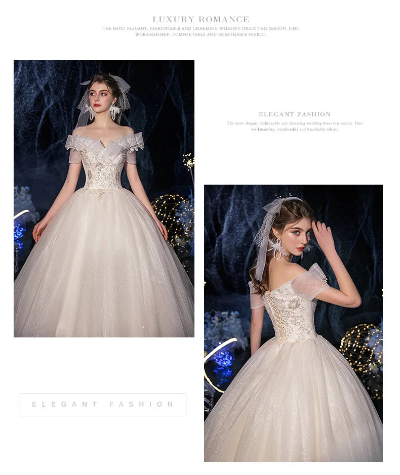 Lace Appliques Sweet Elegant Off Shoulder Sequined Bride Princess Gowns
