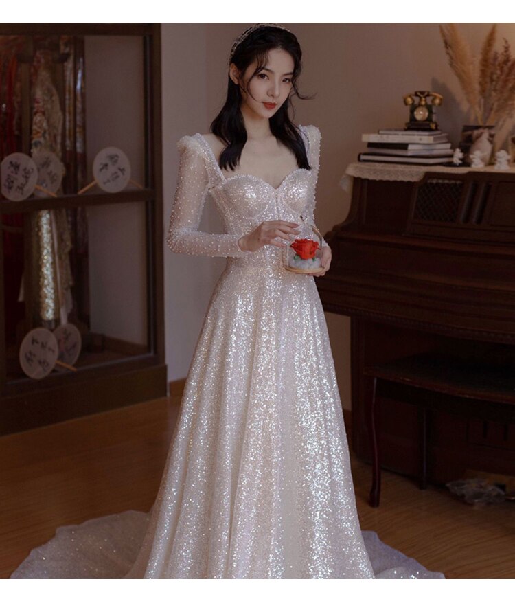 Long Sleeve Sweatheart Neck A Line Wedding Dress