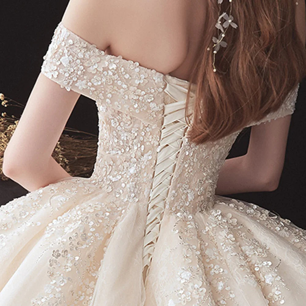 Flowers Beading Sequins Lace Short Sleeve Wedding Gowns