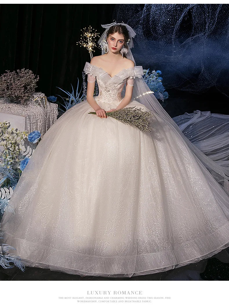 Lace Appliques Sweet Elegant Off Shoulder Sequined Bride Princess Gowns